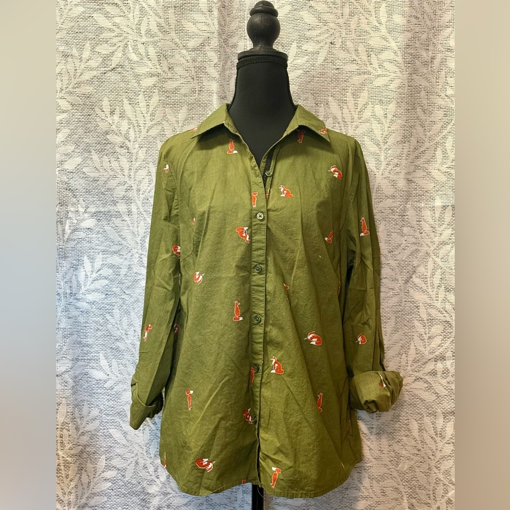 Kim Rogers Olive Green Button Down Shirt with Red Accents
